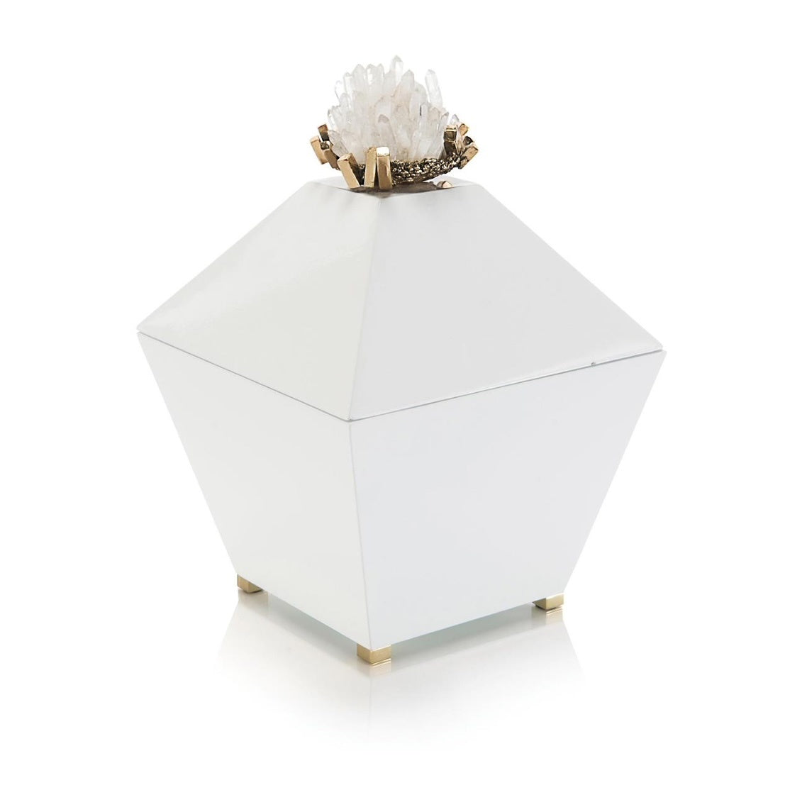 John-Richard quartz crystal and brass cluster on white box | Cayen Home