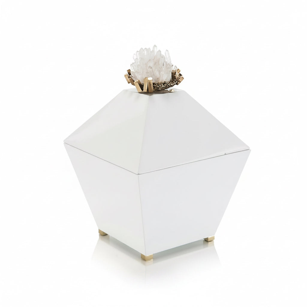 John-Richard quartz crystal and brass cluster on white box | Cayen Home