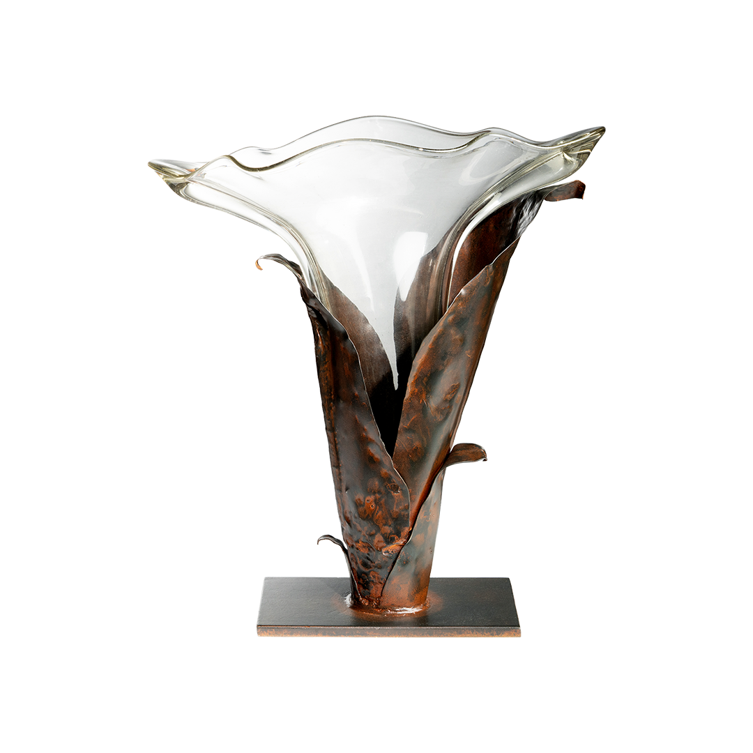 Jan Barboglio Campanilla mouth-blown glass vase on forged iron leaf base