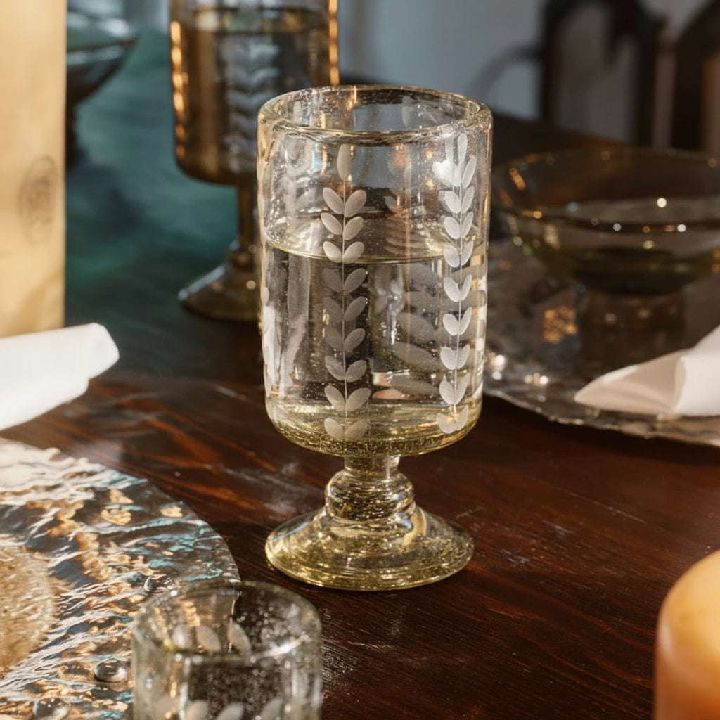 Jan Barboglio Vidrio d'Laurel etched stemware, view 2 | Cayen Home