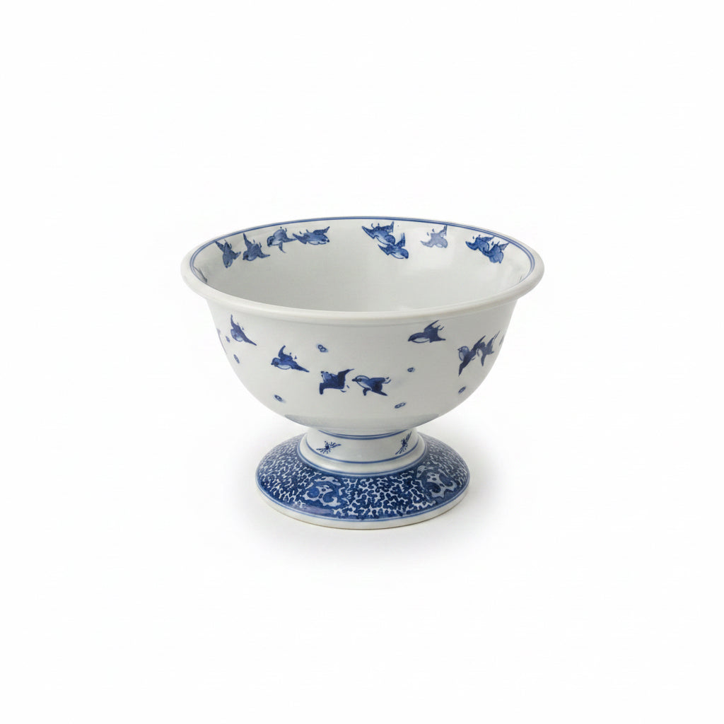 Japanese Blue and White Pedestal Porcelain Bowl with flying birds