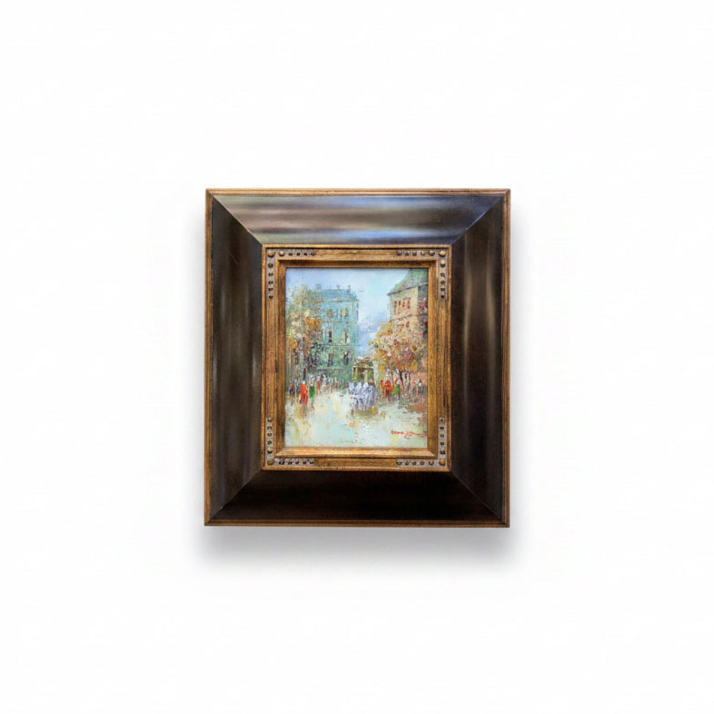Parisian Street Scene Impressionist oil on canvas, Framed 18.5"H x 16.75" W