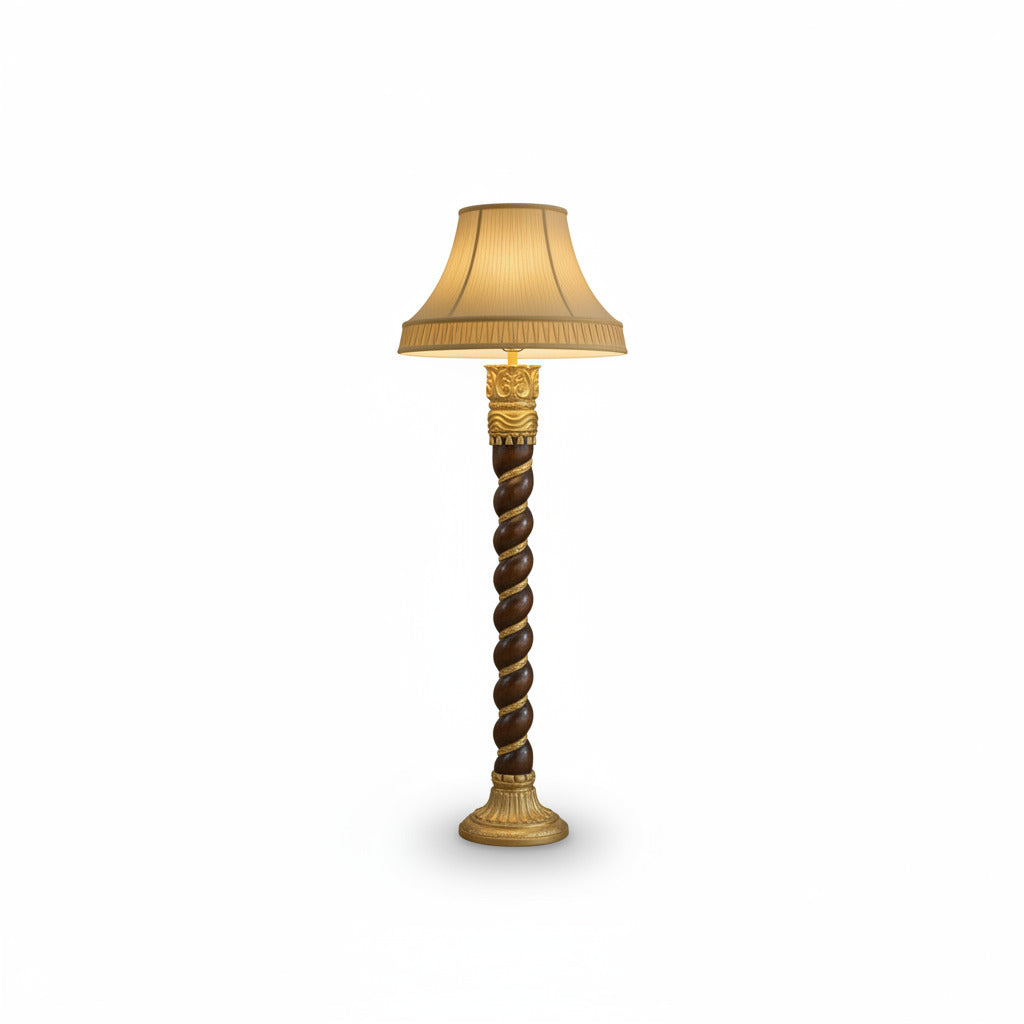 Pair of Column Gilt Wood Floor Lamps w Silk Shades