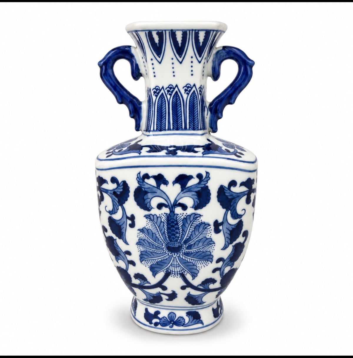 Blue and White Porcelain Vase with Floral Motif + Handles