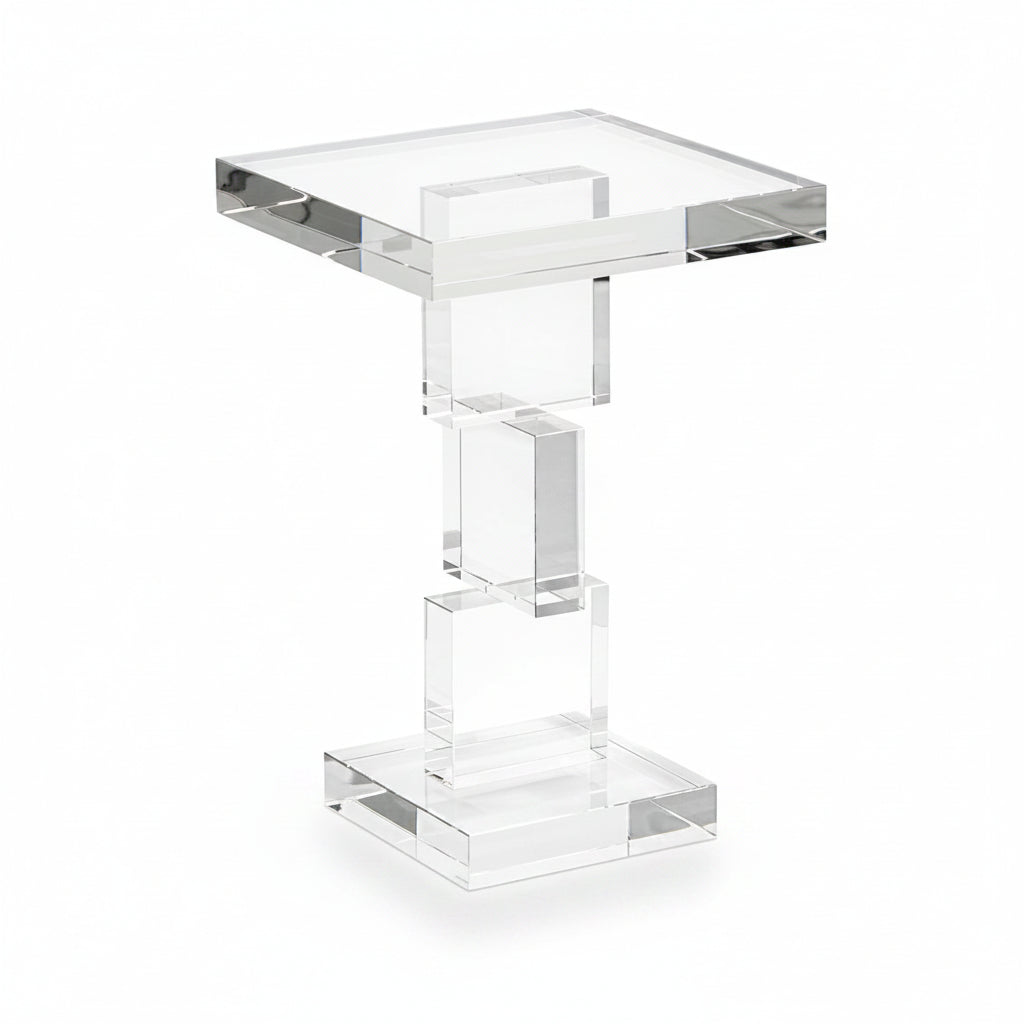 Clear crystal side table on a white background