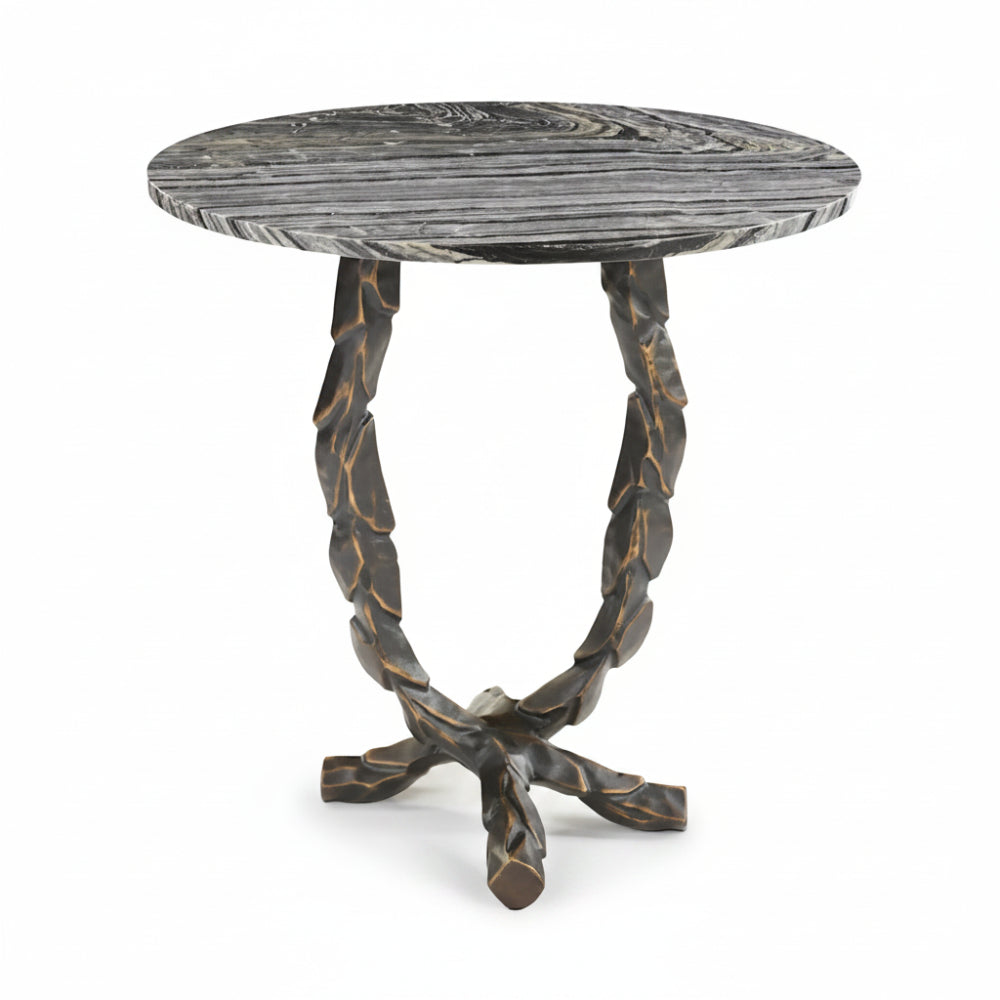 Round side table with textured surface and twisted metal legs on a white background