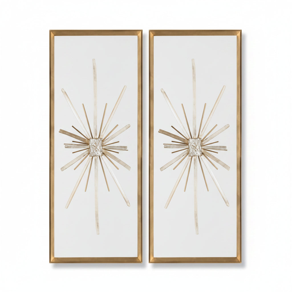 Two decorative mirrors with starburst designs on a light gray background.