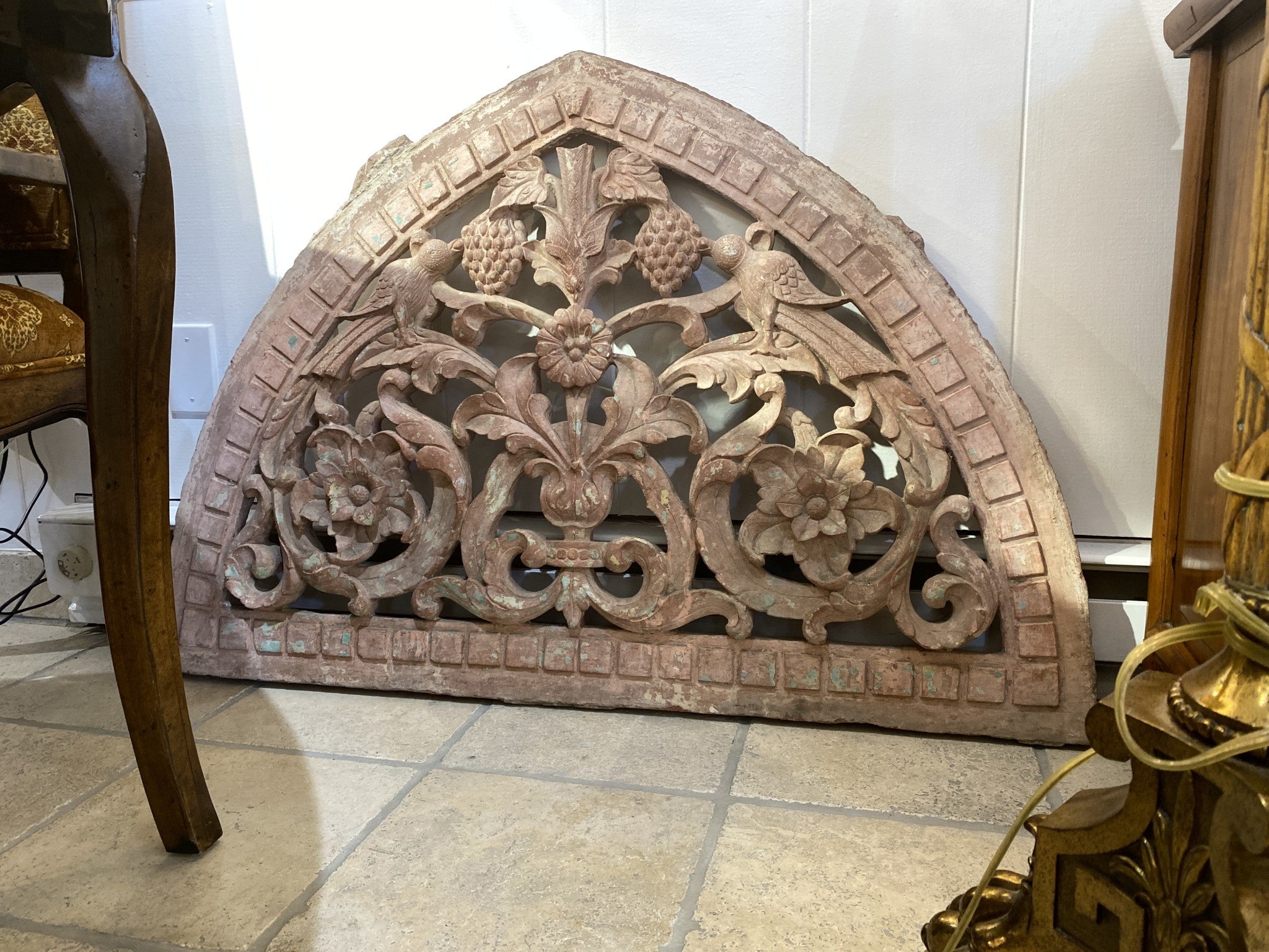 Carved stone arch depicting birds and flowers, architectural element, view 2 | Cayen Home