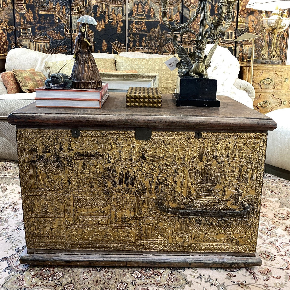Southeast Asian gilt repousse decorated chest, view 2 | Cayen Home