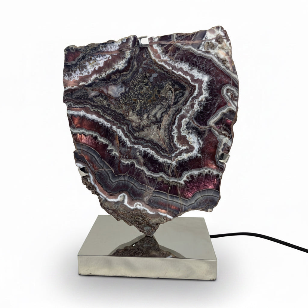 Chevron amethyst slab lamp, stainless base | Cayen Home