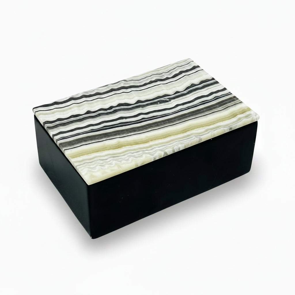 Black onyx prism jewelry box, polished, zebra lid | Cayen Home