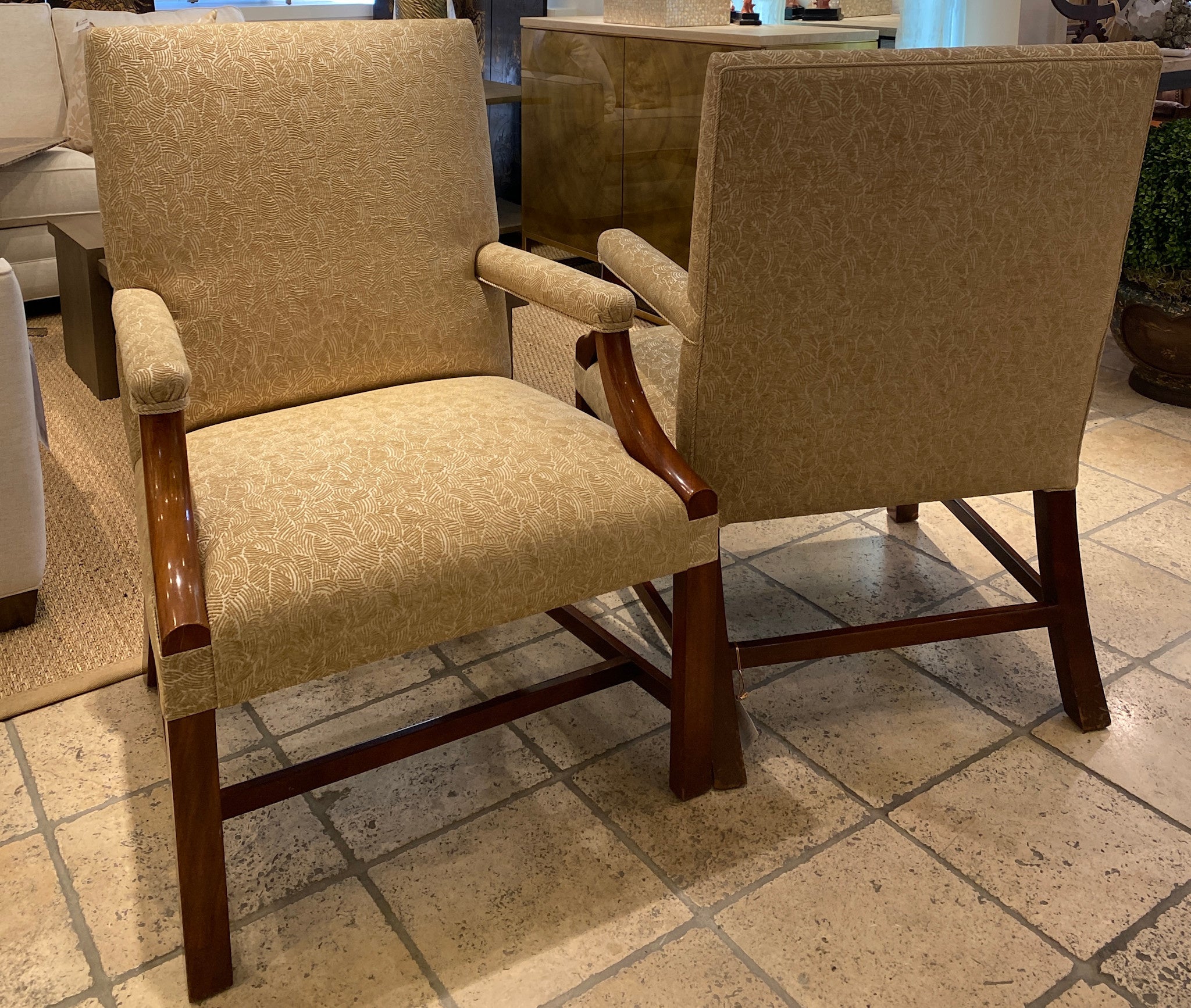Pair of walnut upholstered arm chairs, view 3 | Cayen Home