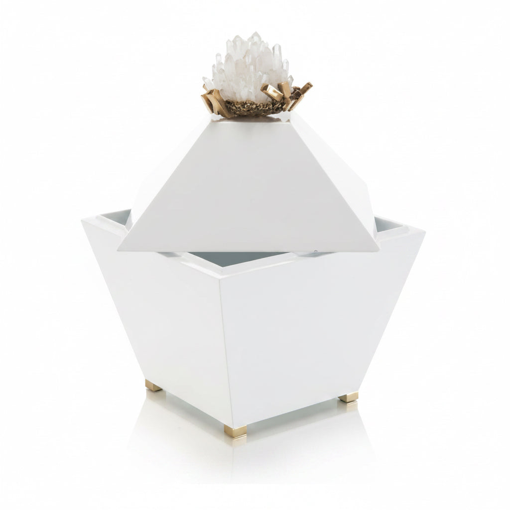 John-Richard quartz crystal and brass cluster on white box, view 2 | Cayen Home