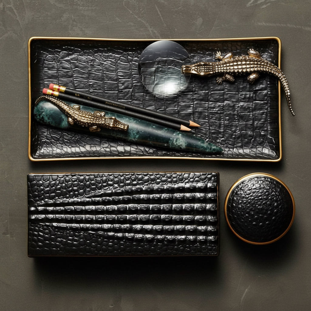 L'Objet crocodile rectangular tray, gold, medium, view 2 | Cayen Home