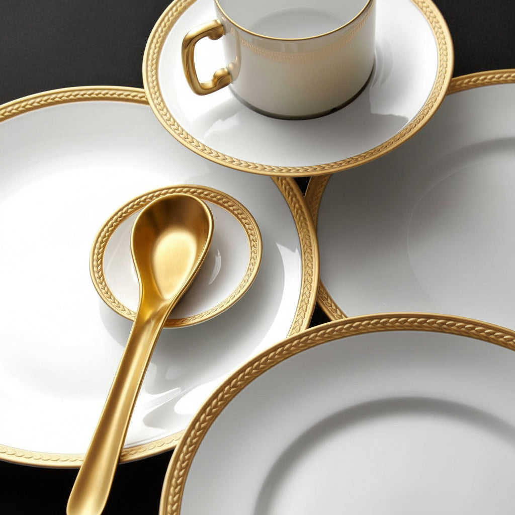 L'Objet Soie Tressee gold espresso cup and saucer, gift box of 6, view 4 | Cayen Home