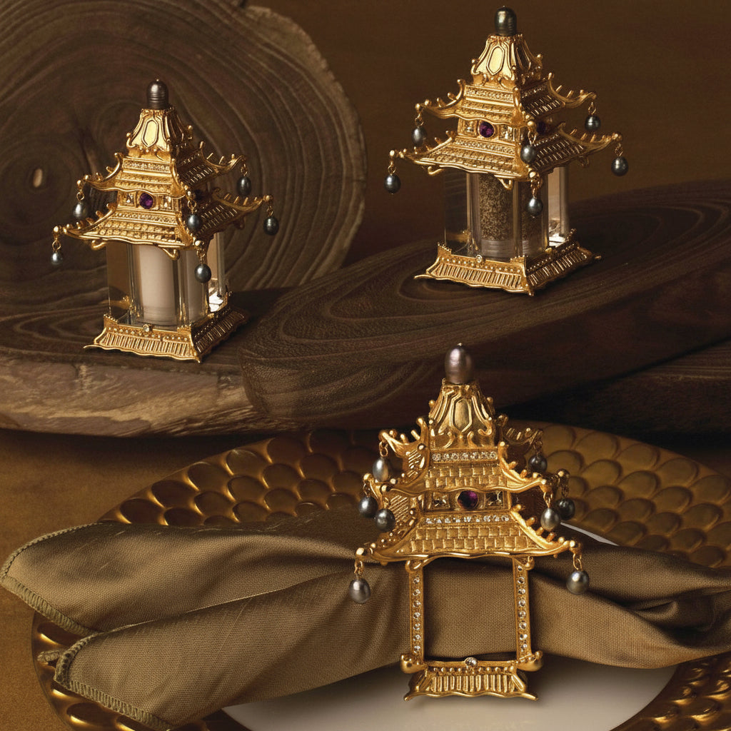 L'Objet Pagoda napkin rings, gold with pearls and crystals, set of 2, view 2 | Cayen Home