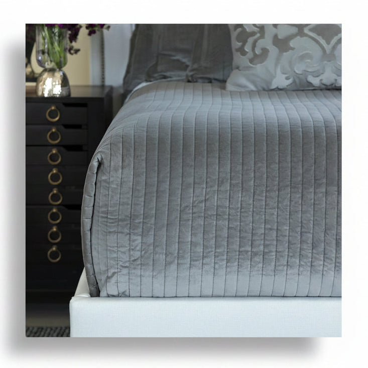 Lili Alessandra Aria quilted king coverlet, light grey matte velvet, 112x98 | Cayen Home