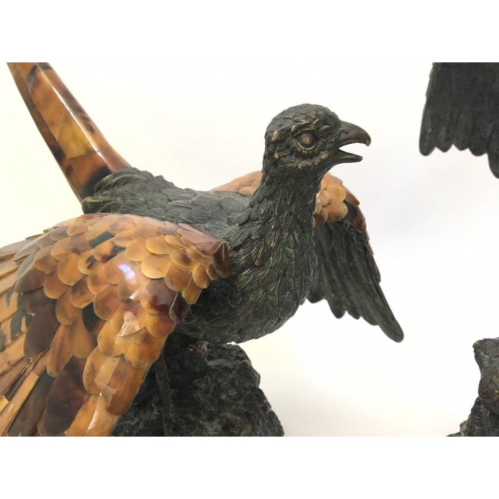 Maitland-Smith verdigris brass birds with tiger penshell, set of two, view 2 | Cayen Home