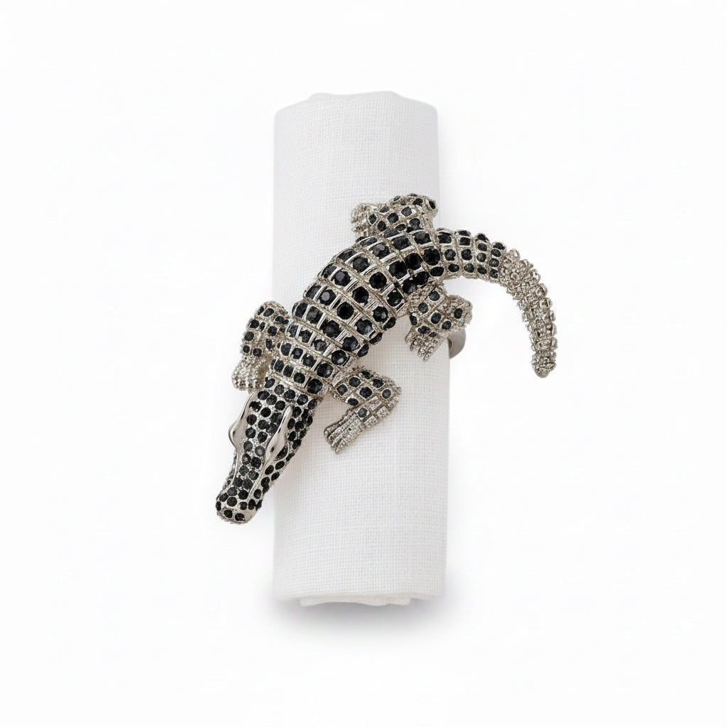 L'Objet napkin jewels, platinum with black crystals, set of 4 | Cayen Home