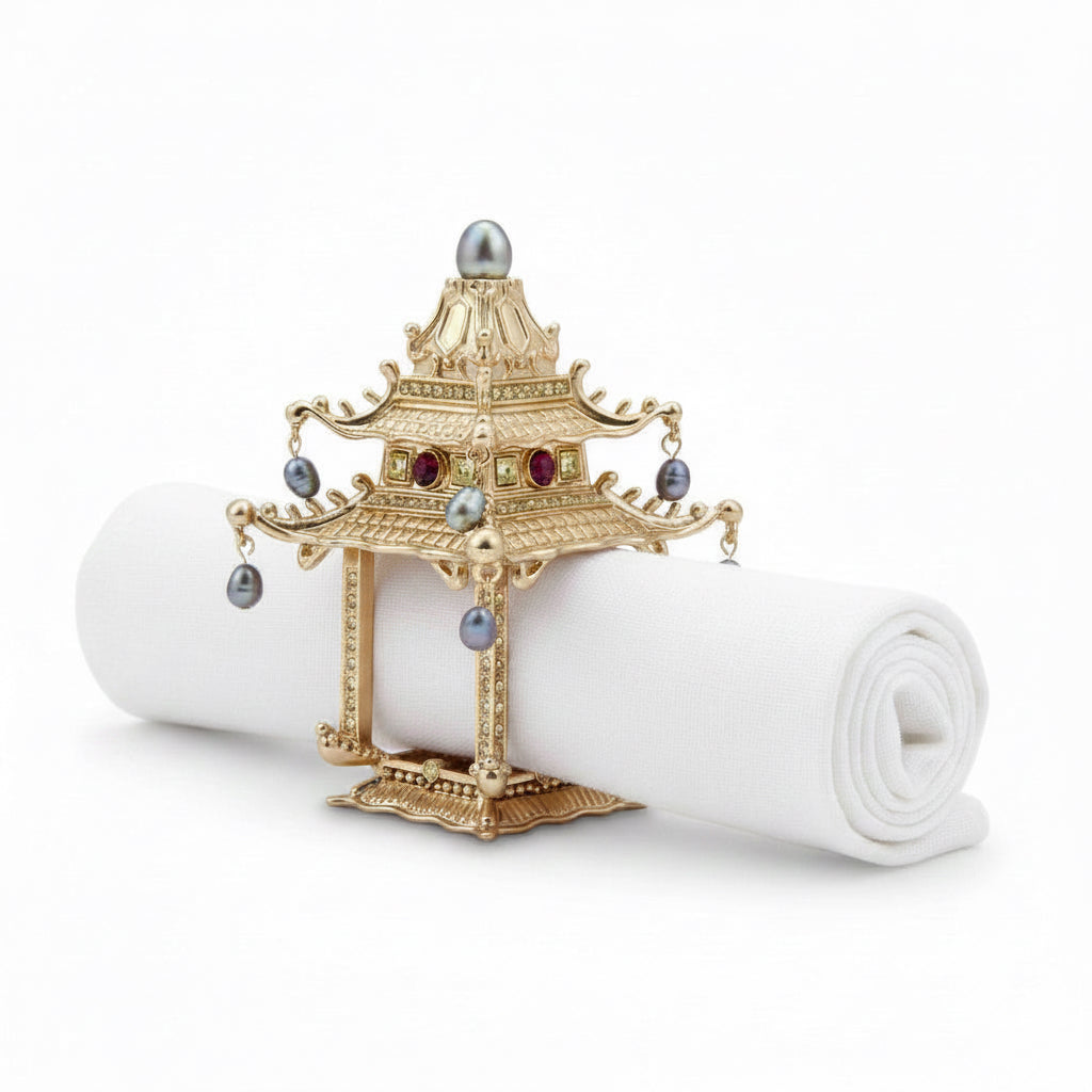 L'Objet Pagoda napkin rings, gold with pearls and crystals, set of 2 | Cayen Home