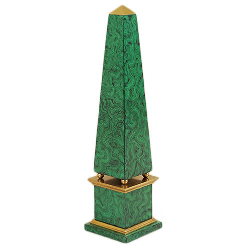 Maitland-Smith hand-painted faux malachite obelisk with brass accents, view 2 | Cayen Home