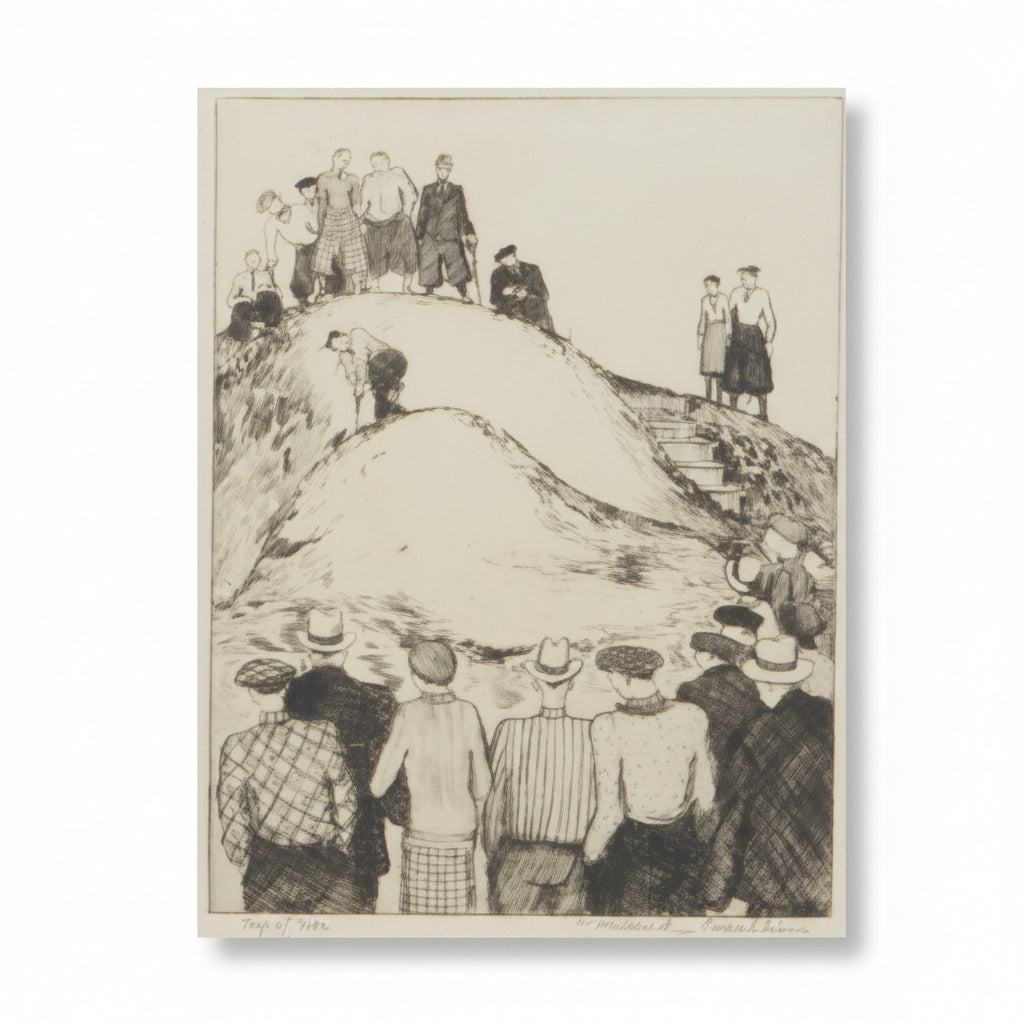 Vintage black and white photograph of people gathered around a large mound or hill.