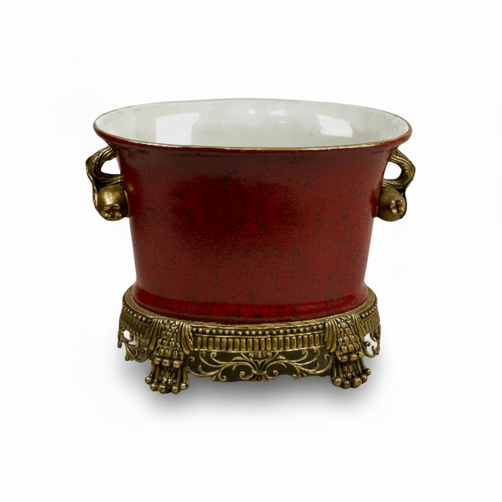 Burgundy porcelain cachepot with pomegranate antiqued brass handles and base | Cayen Home