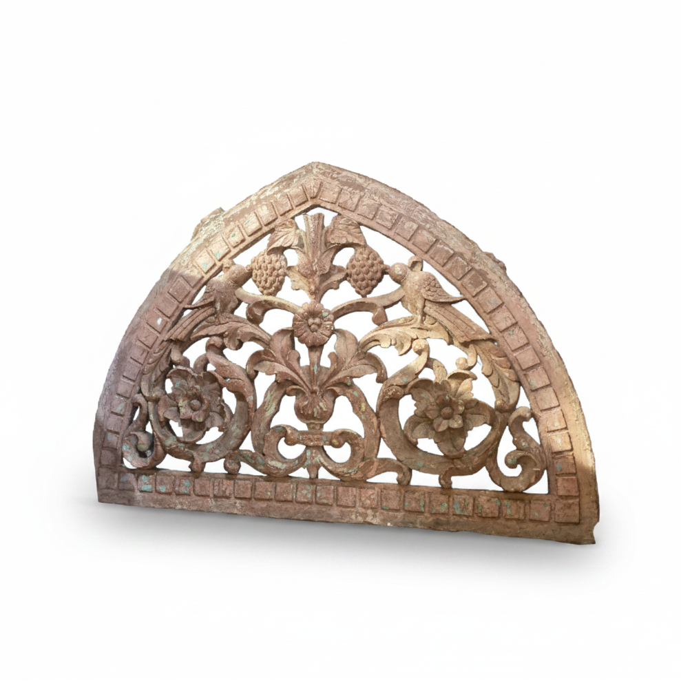 Carved stone arch depicting birds and flowers, architectural element | Cayen Home