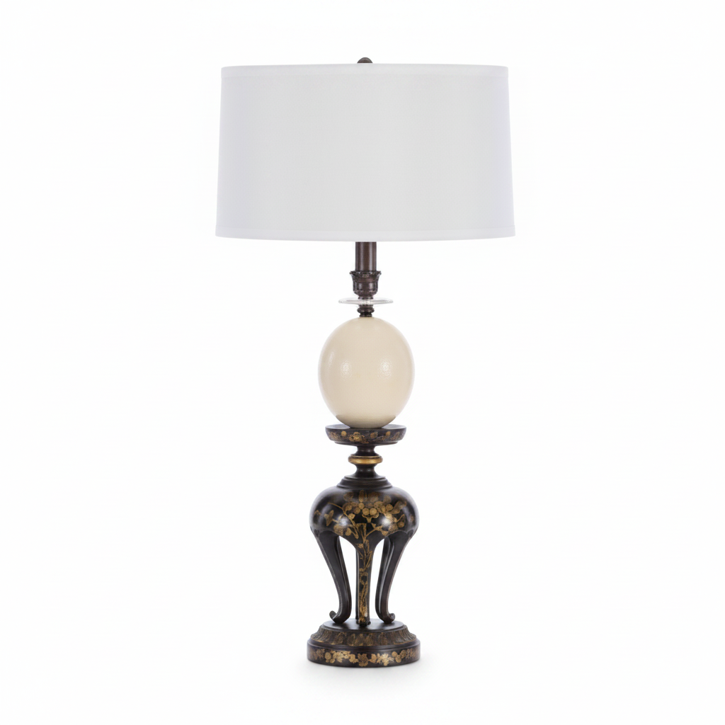 Tony Duquette Decorative table lamp with a white shade on a white background