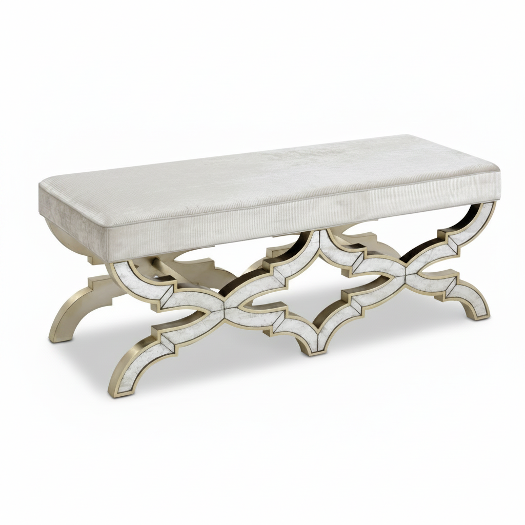 Decorative bench with marble top and intricate metal base on a white background