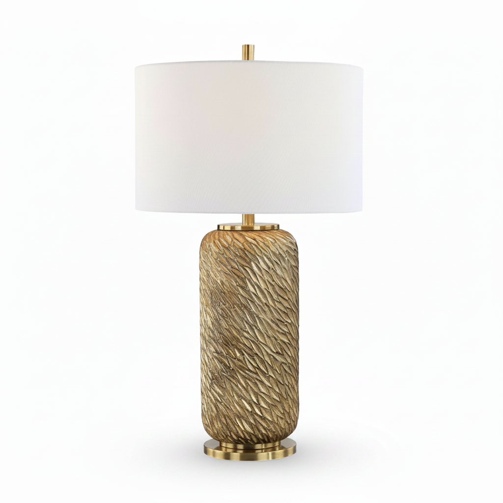 Decorative table lamp with textured base and white shade on a white background