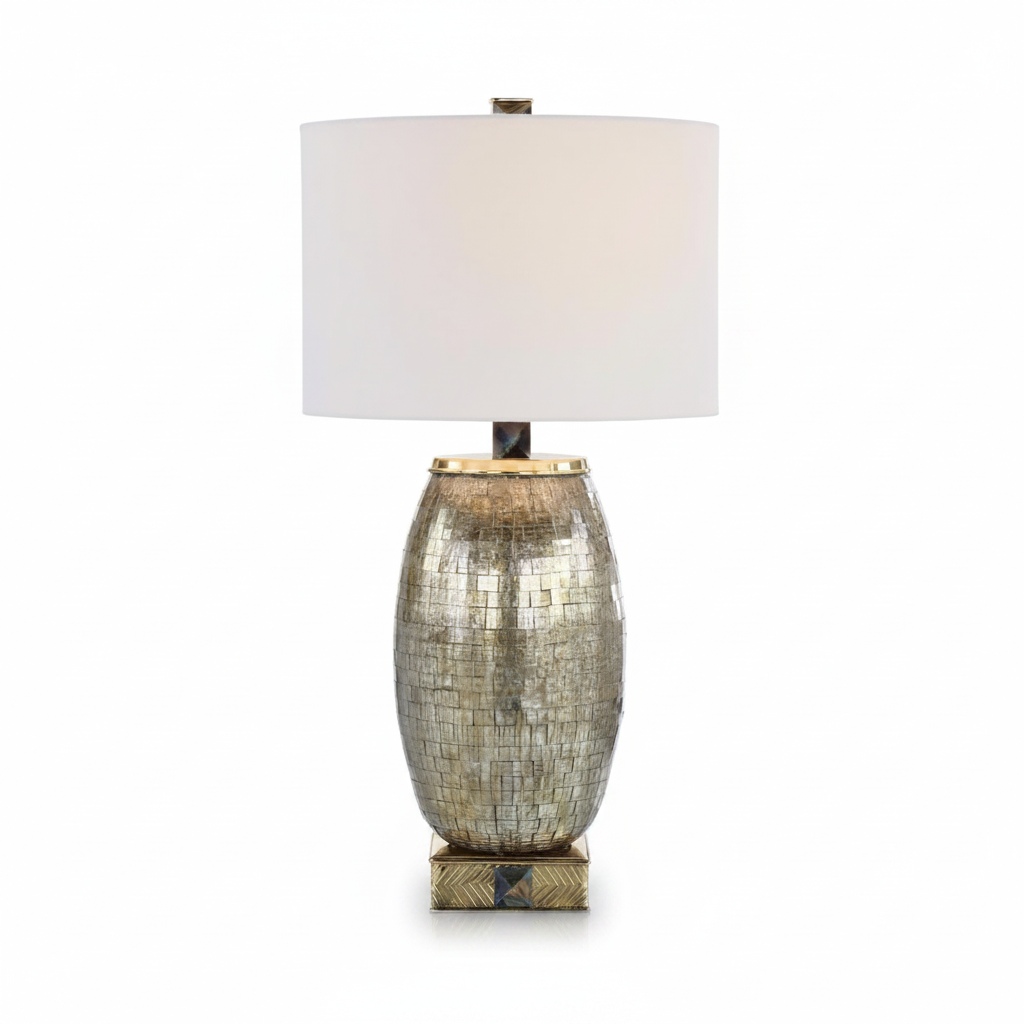 Decorative table lamp with a mosaic base on a white background