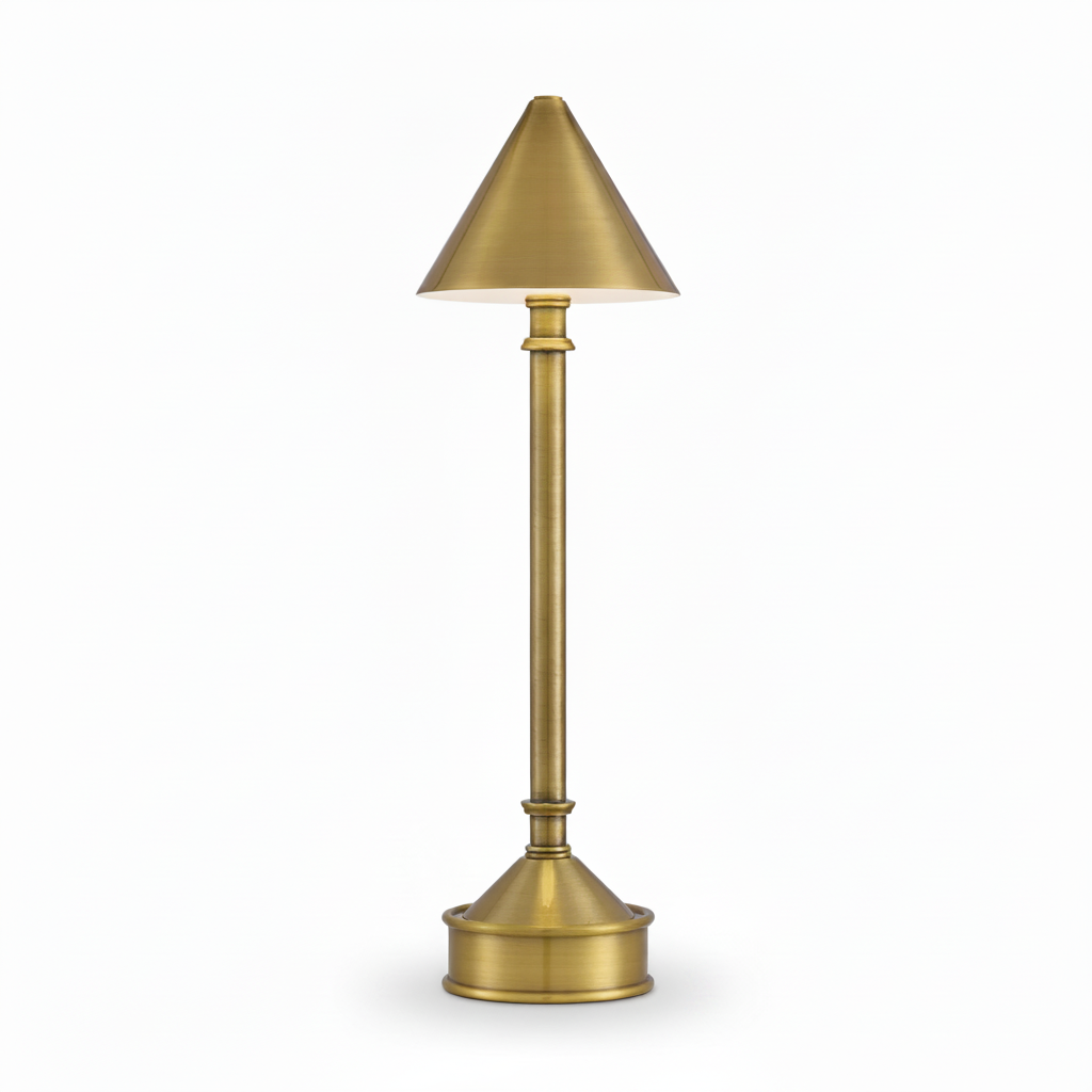 Cordless Gold table lamp with a conical shade on a white background