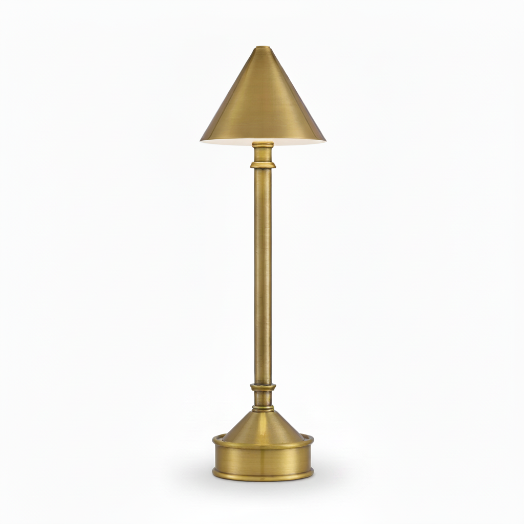 Cordless Gold table lamp with a conical shade on a white background