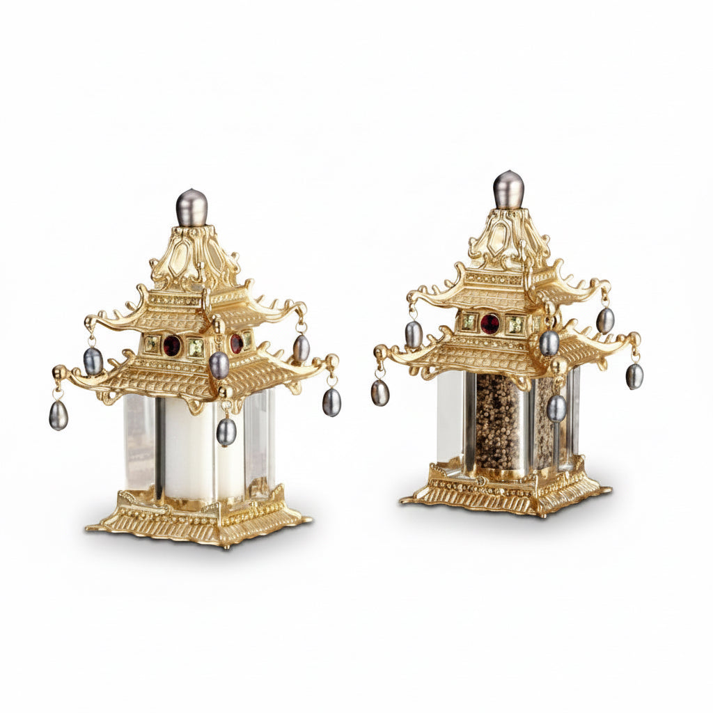 L'Objet Pagoda salt and pepper shakers with pearls and crystals, set of 2 | Cayen Home