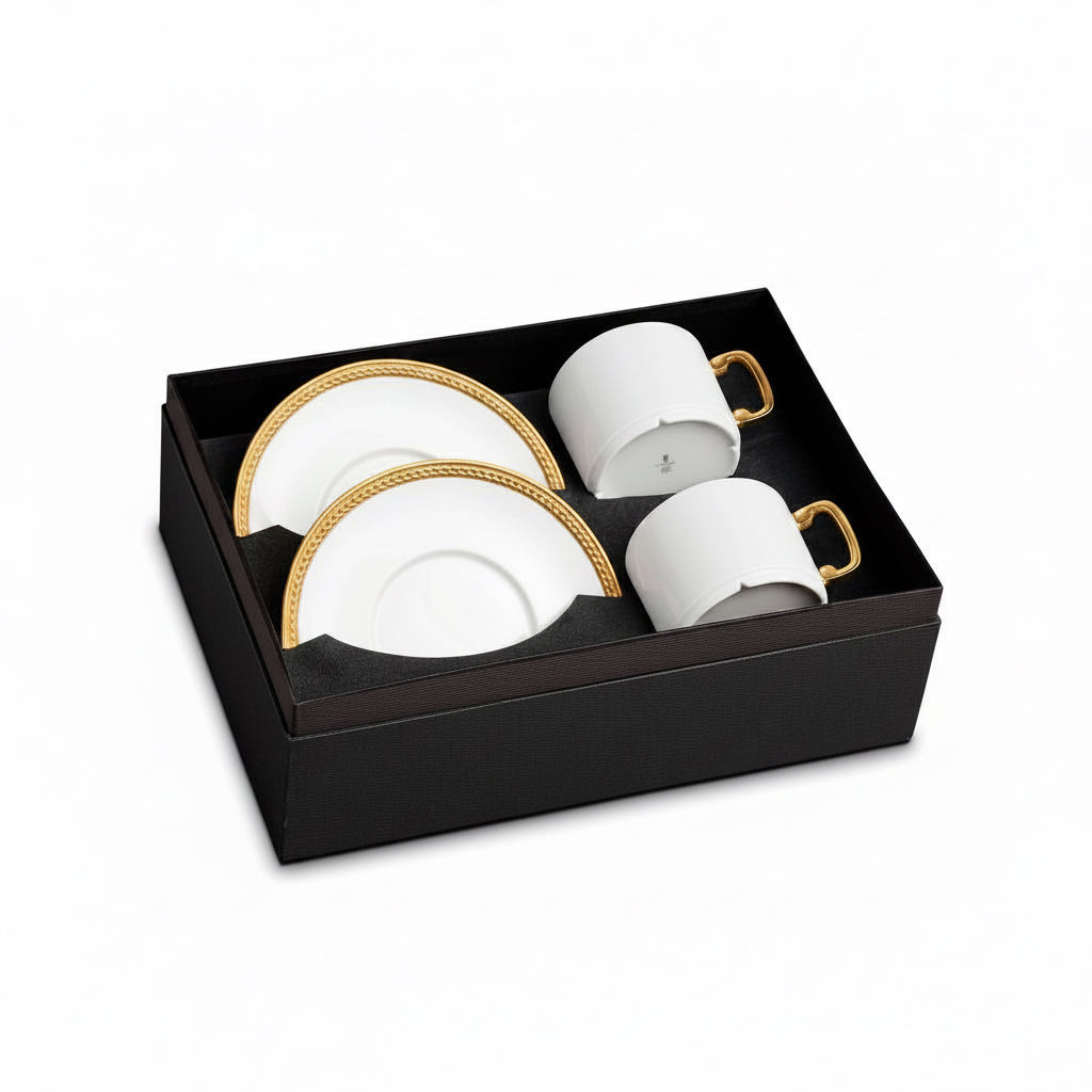 L'Objet Soie Tressee gold tea cup and saucer, gift box of 2 | Cayen Home
