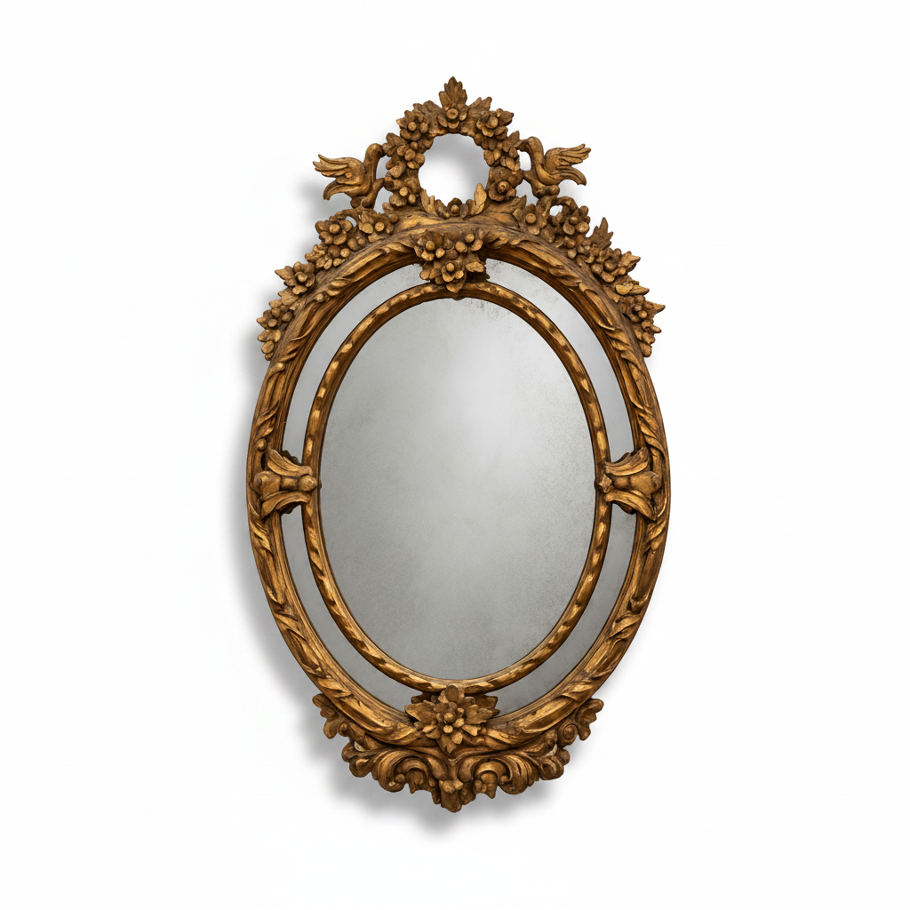 Louis XV Oval Giltwood Mirror — carved flora and fauna accents