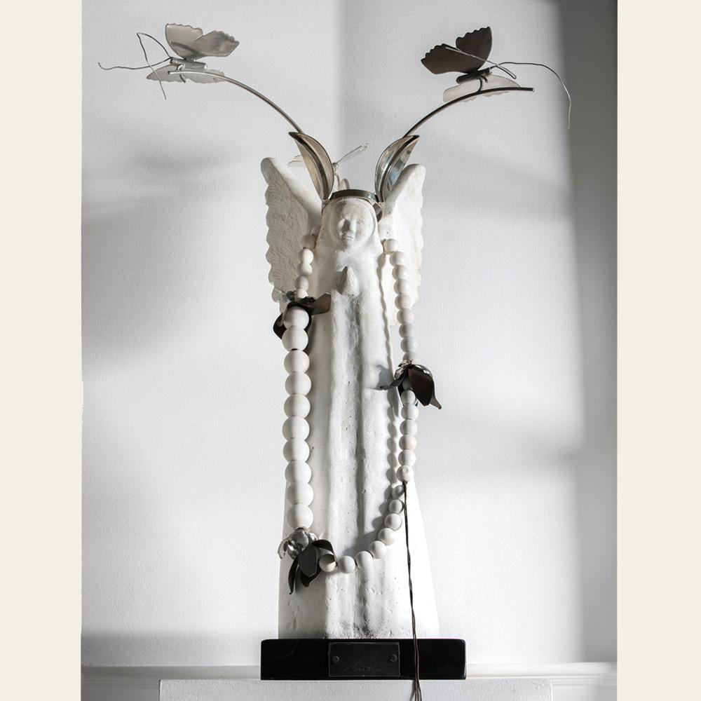Jan Barboglio Eternal Archangel, stone and gesso angel with blessing beads