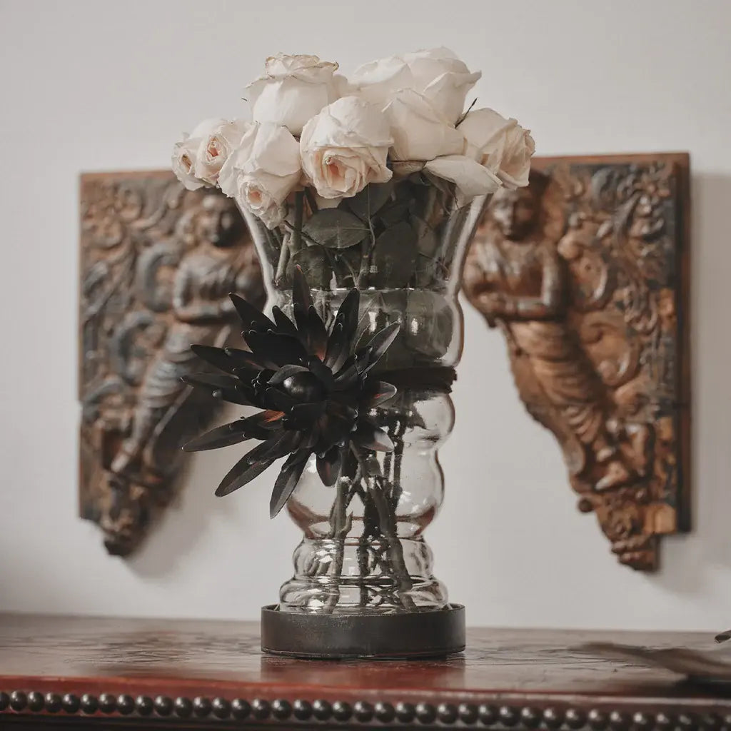 Jan Barboglio Florero vase with iron forged sunflower and base, view 3 | Cayen Home