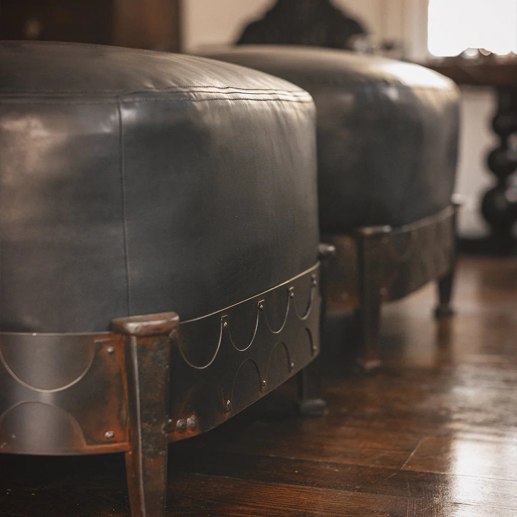 Jan Barboglio Nelson ottoman with black leather cushion, view 2 | Cayen Home
