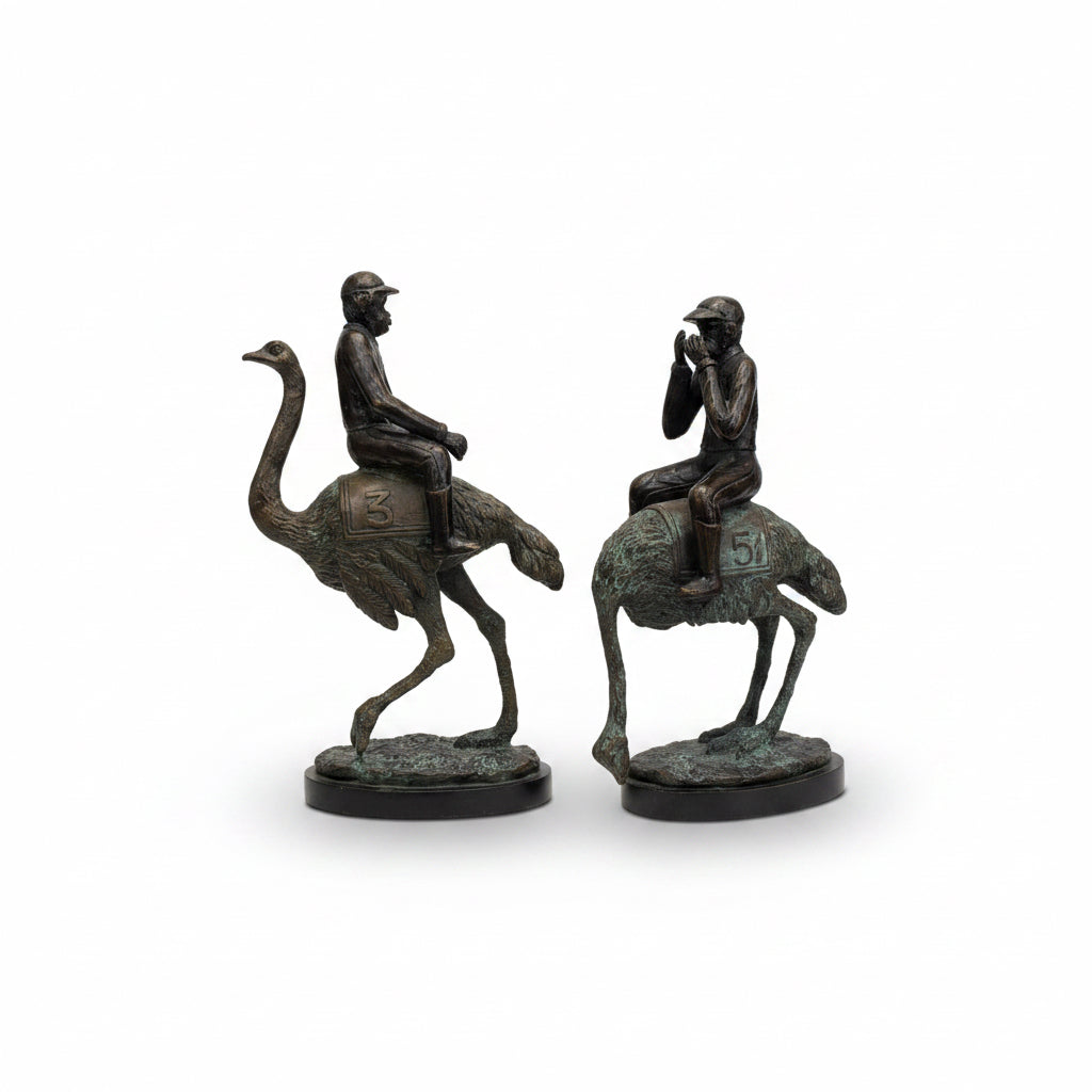 Bronze Statues of Monkeys Riding Ostriches - Pair