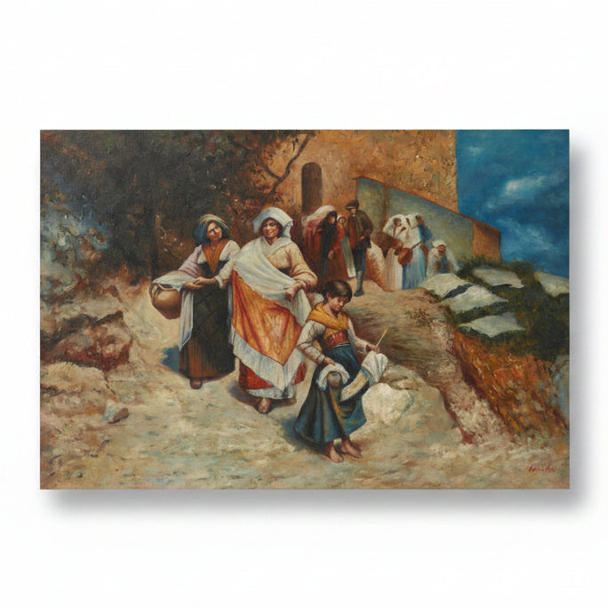 Painting of a group of people in a village setting with a woman washing clothes.
