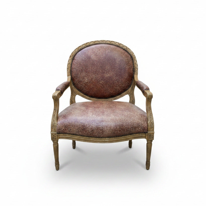 Wide Oval Leather and Carved Wood Chairs - Pair