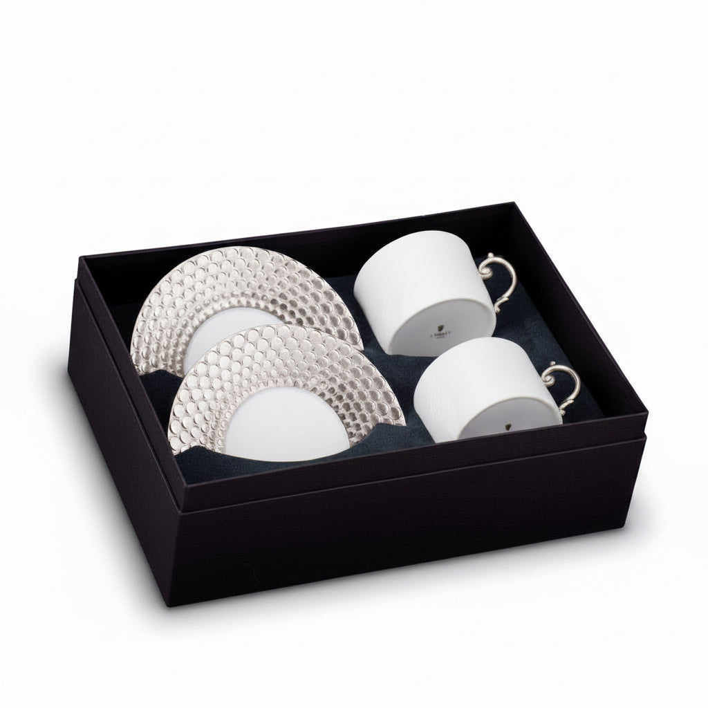 L'Objet Aegean tea cup and saucer, gift box of 2, platinum | Cayen Home