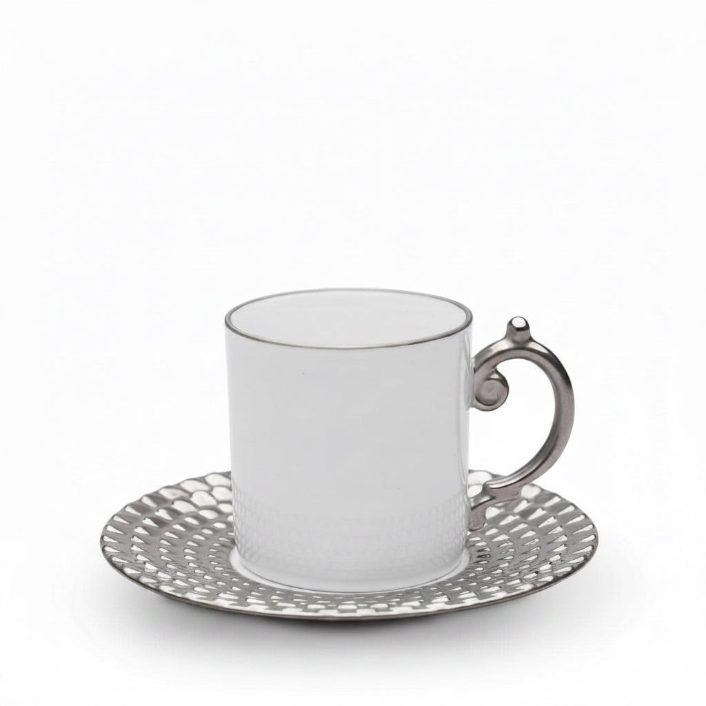 L'Objet Aegean espresso cup and saucer, gift box of 6, platinum, view 2 | Cayen Home