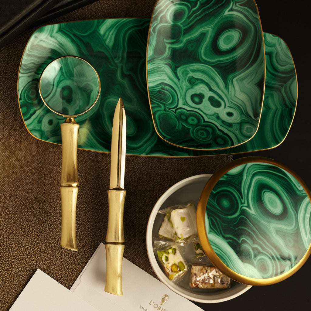 L'Objet Malachite rectangular tray, small, view 3 | Cayen Home