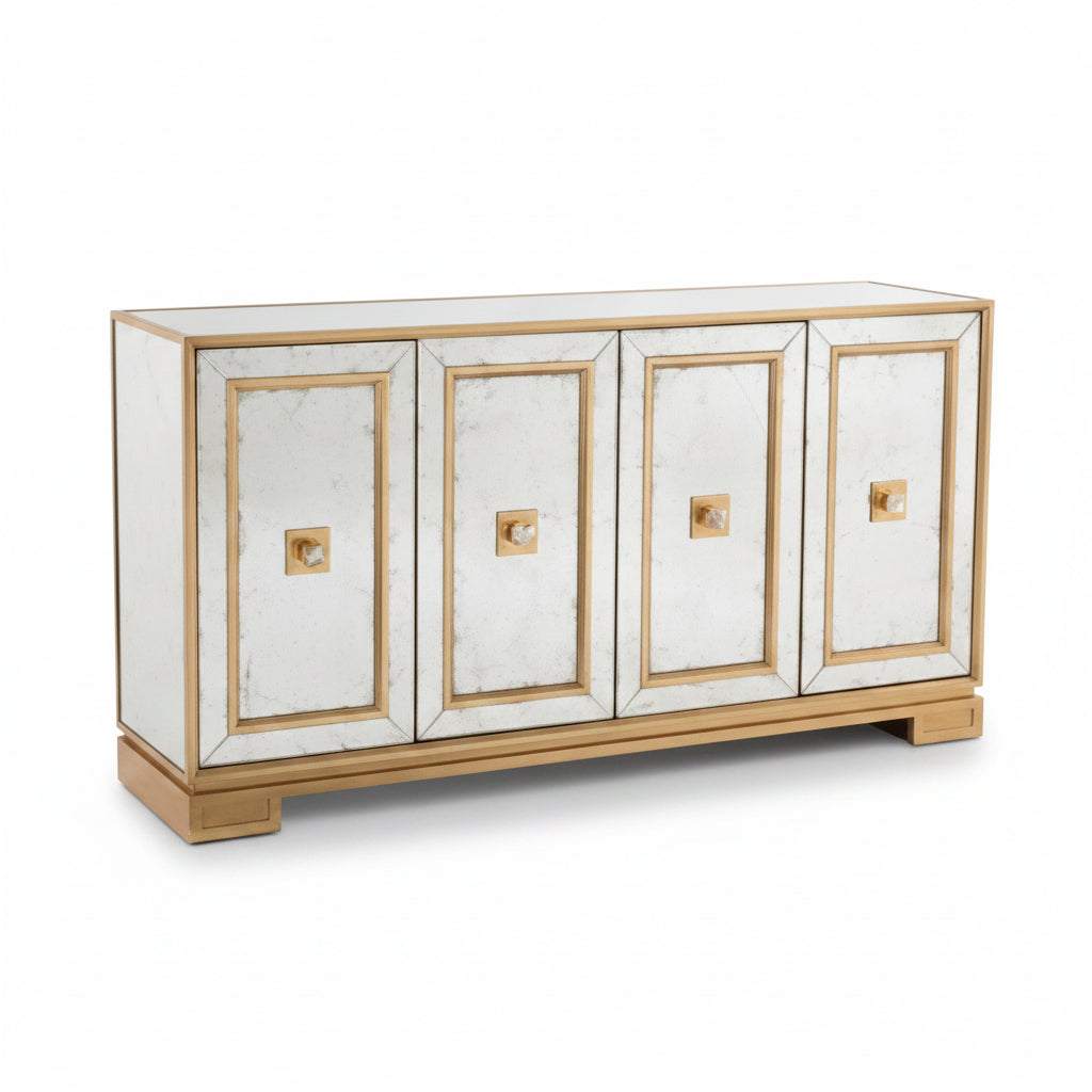Decorative sideboard with mirrored panels and gold accents on a white background