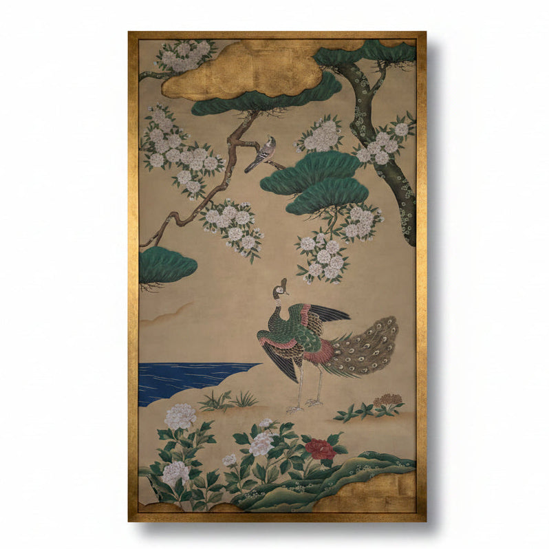 Decorative panel with peacock, flowers, and birds on a beige background