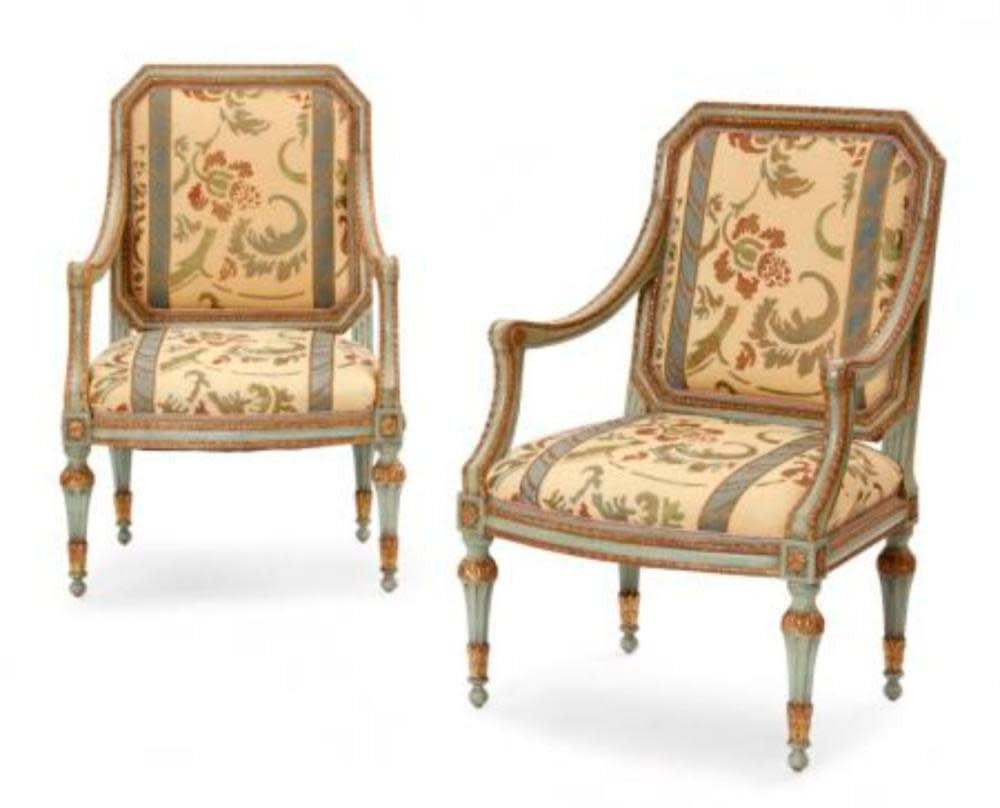 Italian neoclassical style parcel-gilt and blue painted armchairs, pair | Cayen Home