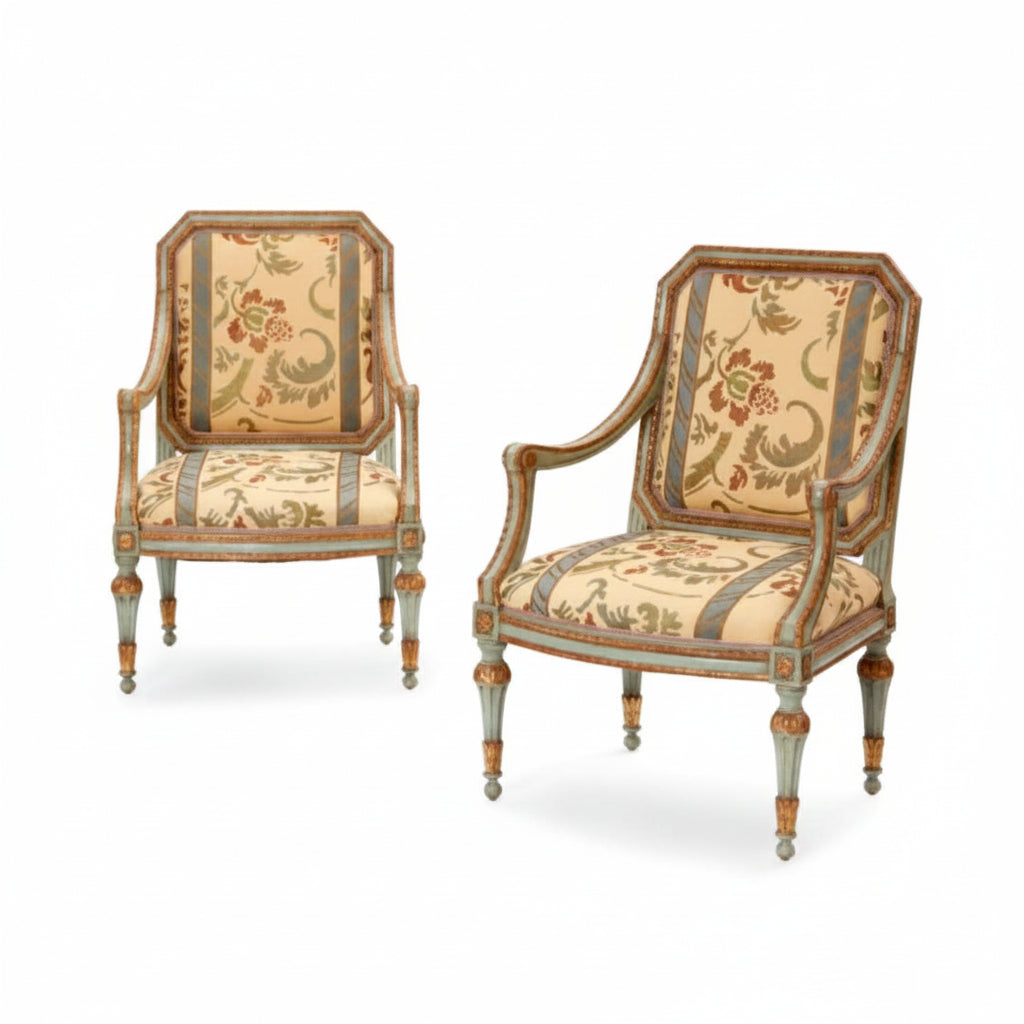 Italian neoclassical style parcel-gilt and blue painted armchairs, pair | Cayen Home